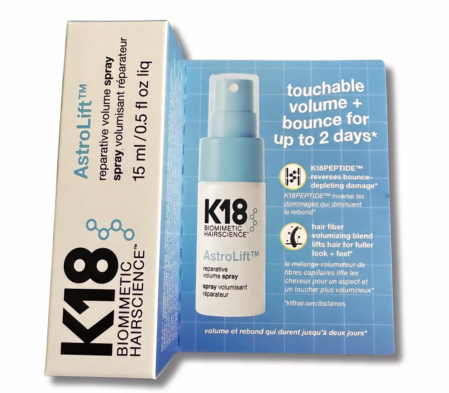 K18 AstroLift Reparative Volume Spray 0.5 fl oz travel bottle – damage-repair and volumizing spray for all hair types