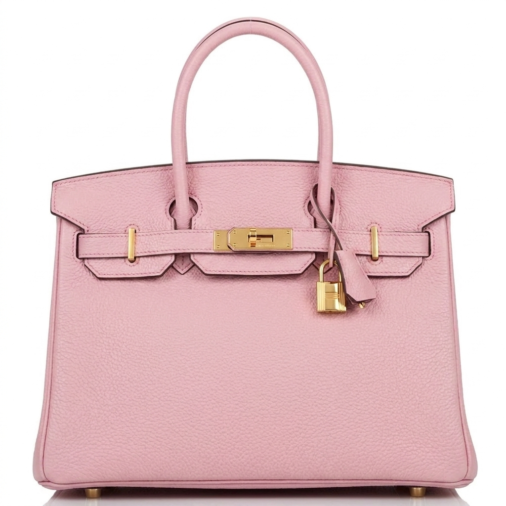 Leather 30 structured handbag in baby pink pebbled leather with gold hardware model shot