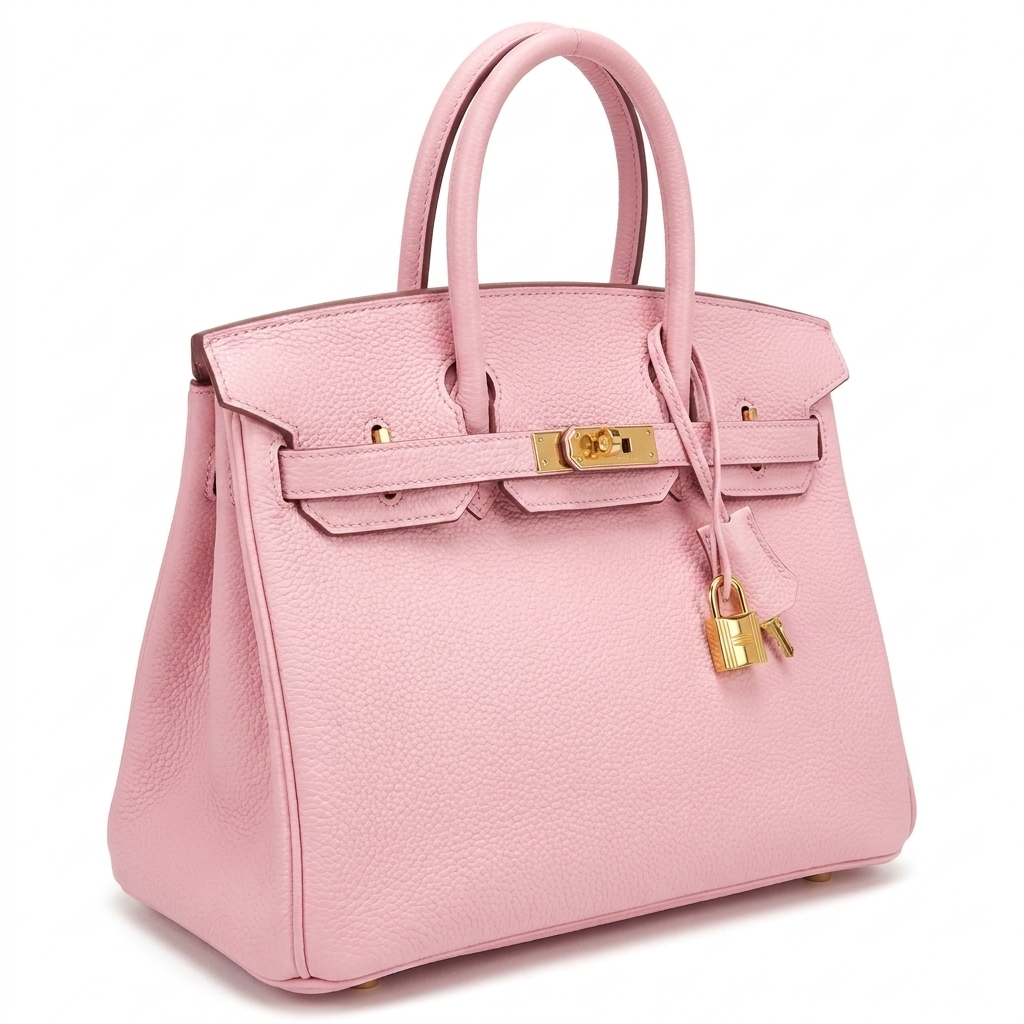 Leather 30 structured handbag in baby pink pebbled leather with gold hardware details