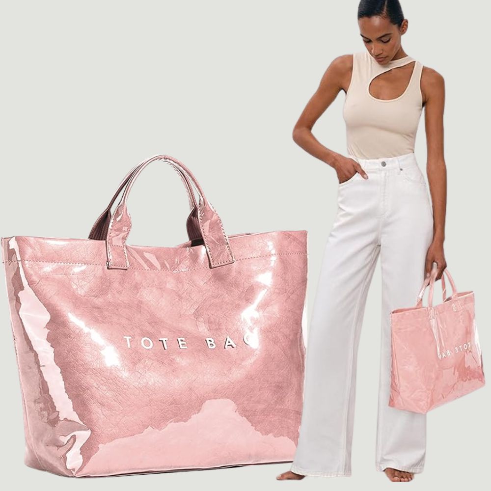 Trendy baby pink PVC Dupont tote bag with glossy finish – viral fashion carry-all perfect for everyday style, shopping, and on-the-go looks