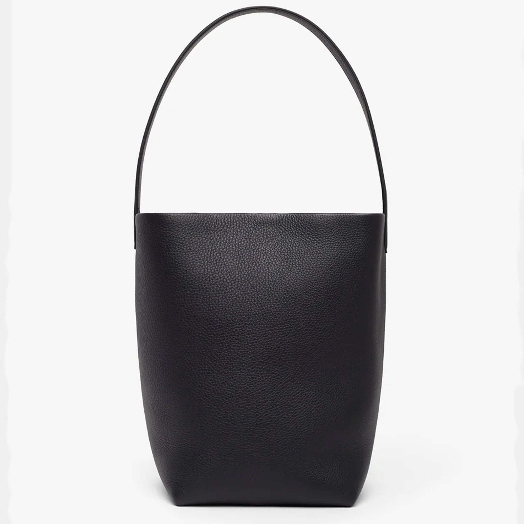 Front view of the natural grain and soft drape on a Park Tote inspired medium leather bag in black