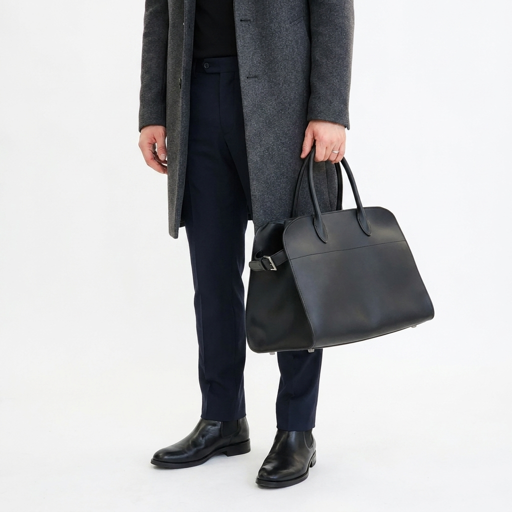 A person wearing a gray overcoat, dark trousers, and black shoes carries a large black leather tote bag against a clean white studio background.