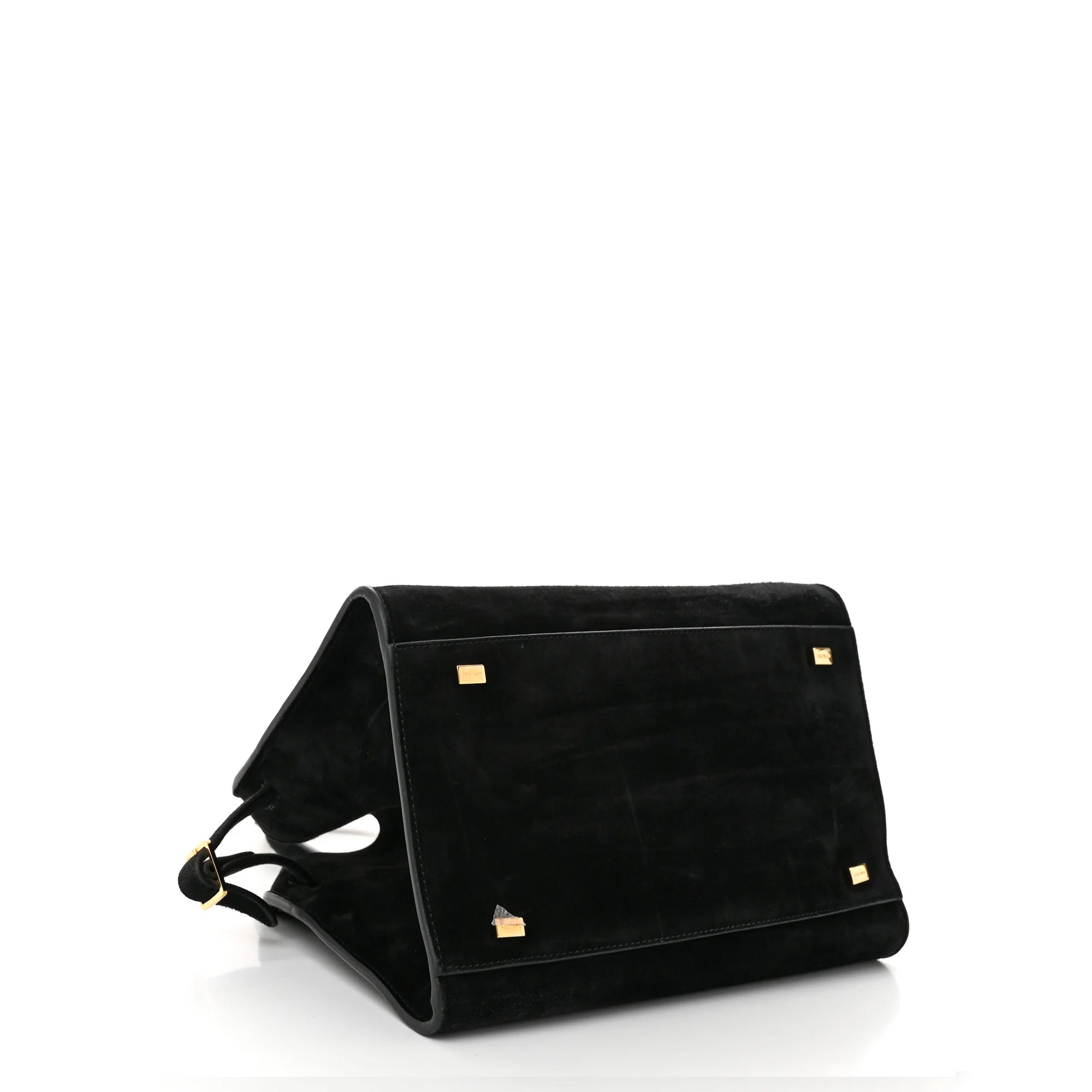 Margaux 10 style suede tote bag in black with belted side details.