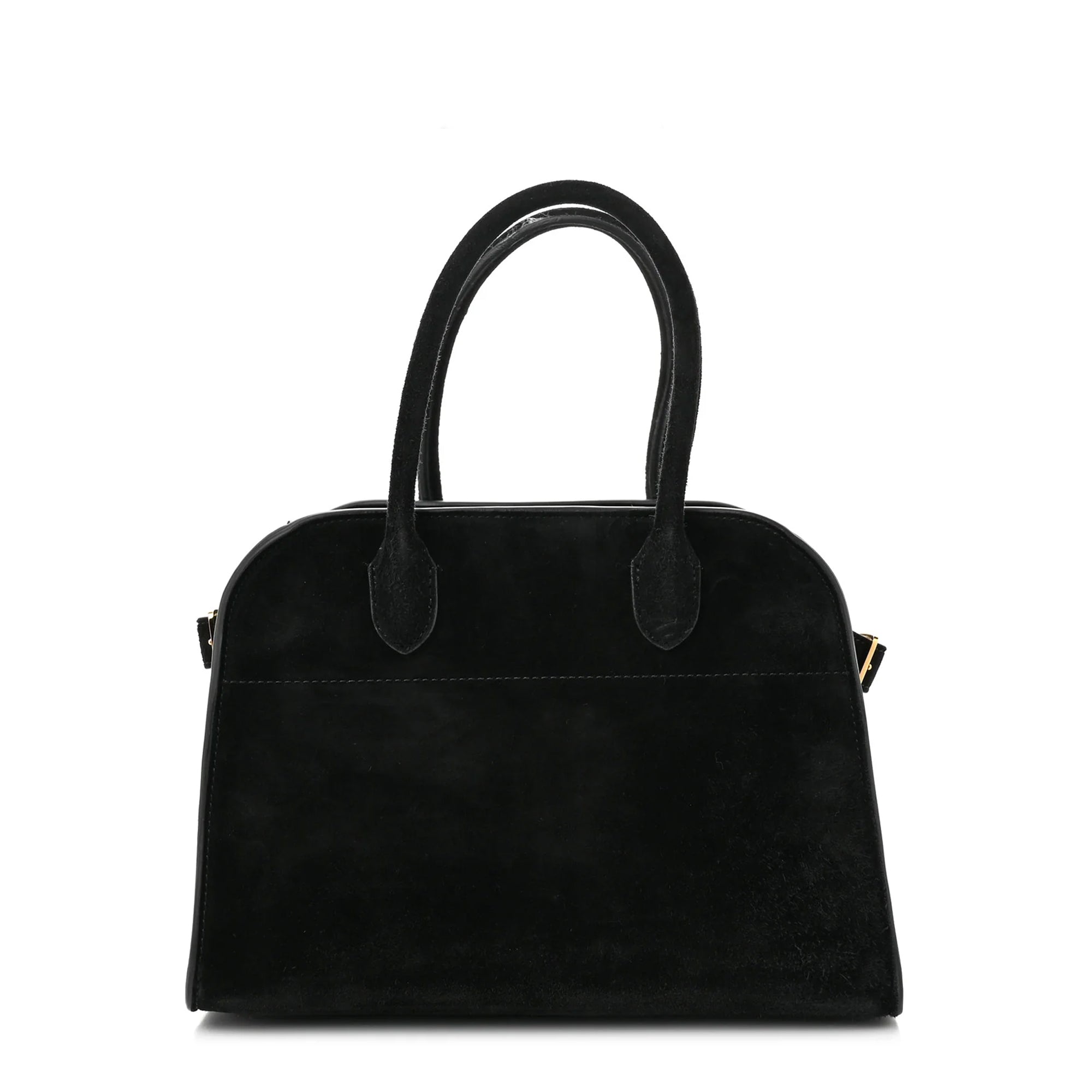 Margaux 10 style suede tote bag in black with belted side details.