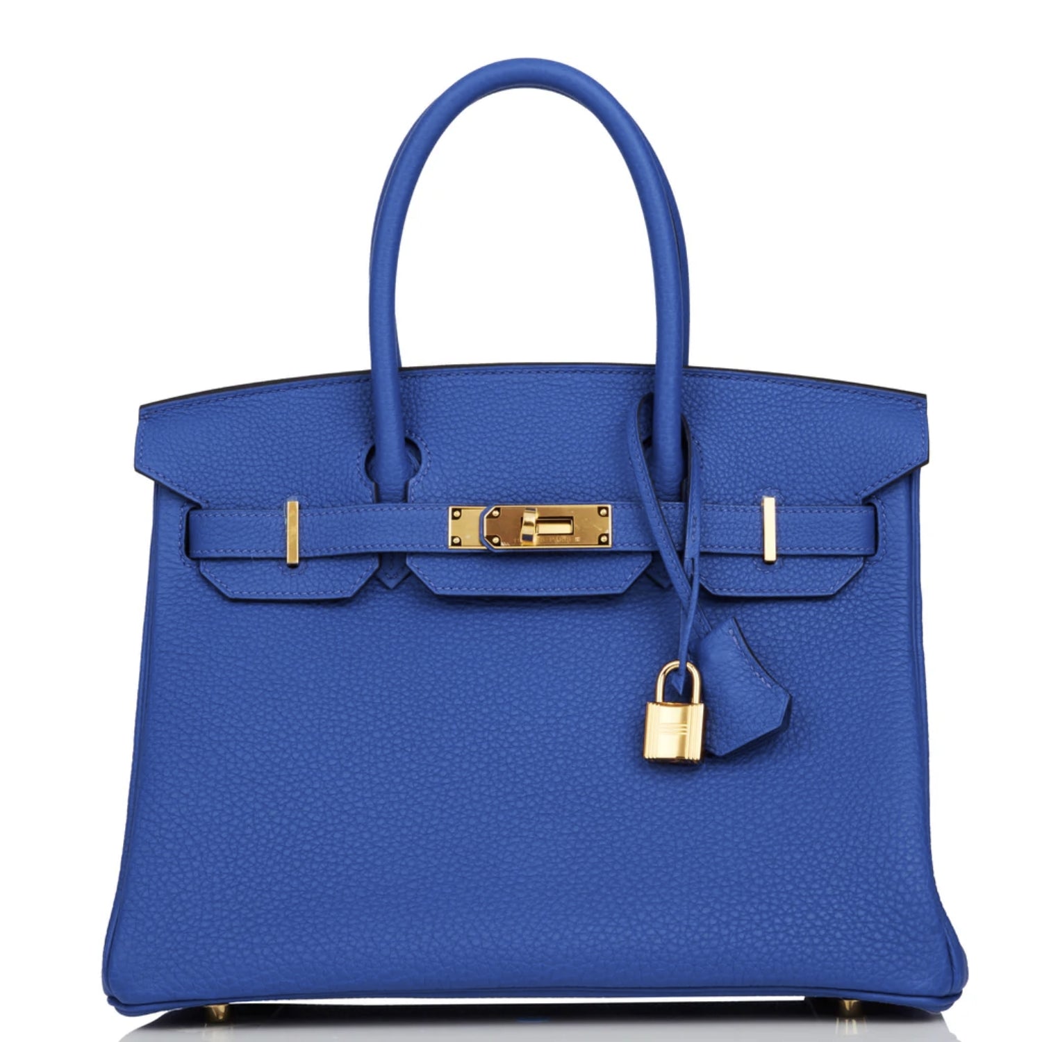 Leather 30 structured handbag in deep blue pebbled leather with gold hardware 