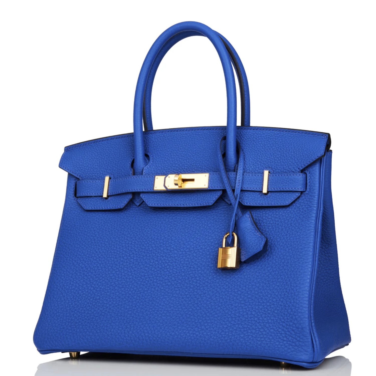 Leather 30 structured handbag in deep blue pebbled leather with gold hardware 