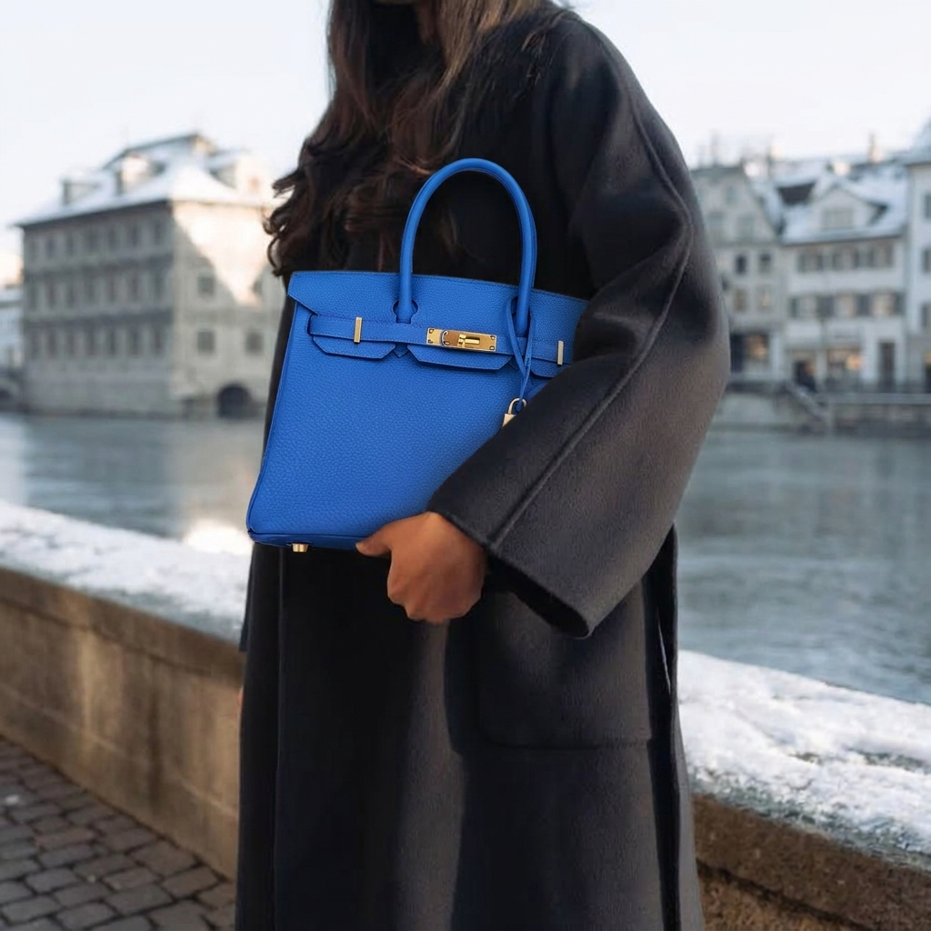 Leather 30 structured handbag in deep blue pebbled leather with gold hardware model shot