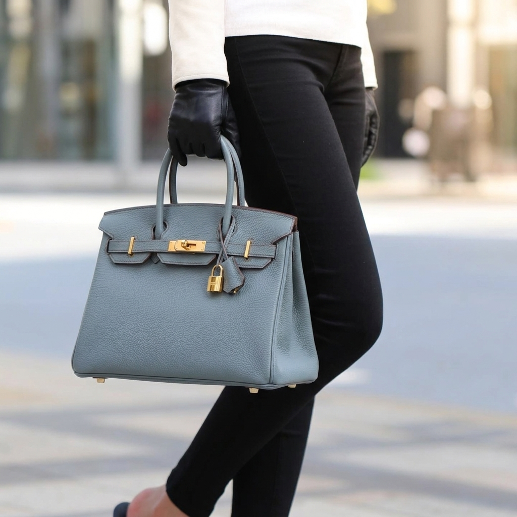Leather 30 structured handbag in grey blue pebbled leather with gold hardware model shot