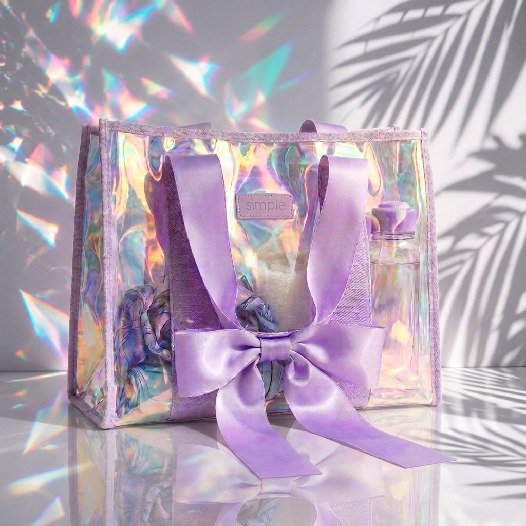 A holographic iridescent gift bag with a large lavender satin ribbon bow, set against a white background with colorful light reflections and palm leaf shadows.