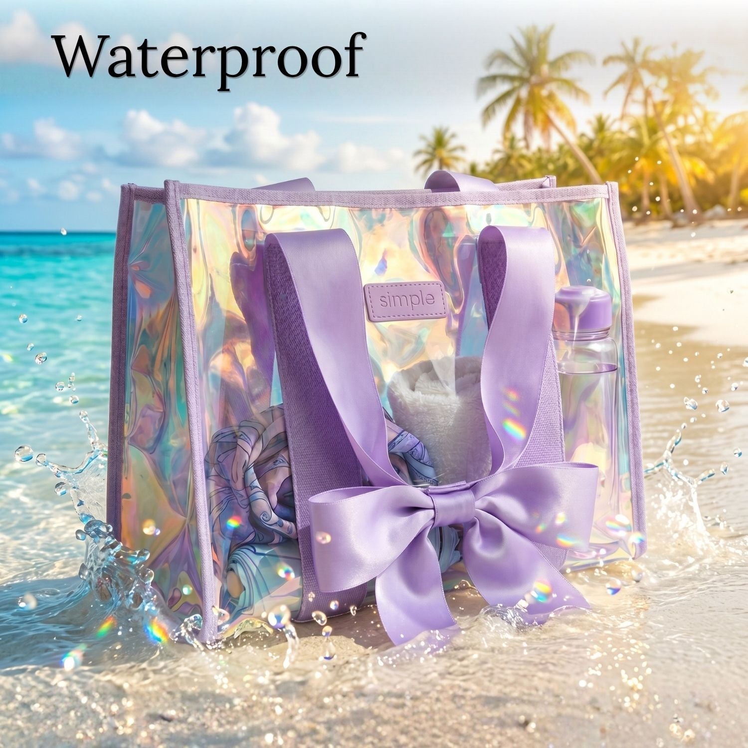 A clear iridescent waterproof tote bag with lavender purple handles and a large bow, shown on a tropical beach with ocean water splashing around it. The word 'Waterproof' is printed at the top.