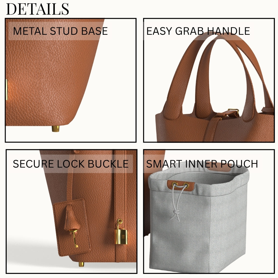 Gold leather bucket bag with spacious interior and removable pouch, perfect luxury handbag for daily essentials.