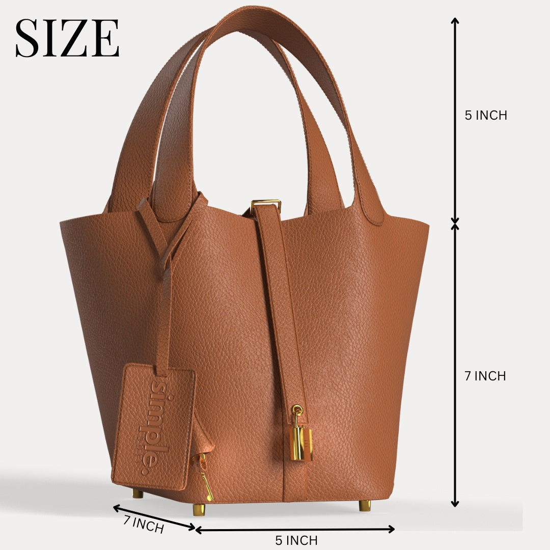 Gold leather bucket bag with spacious interior and removable pouch, perfect luxury handbag for daily essentials.