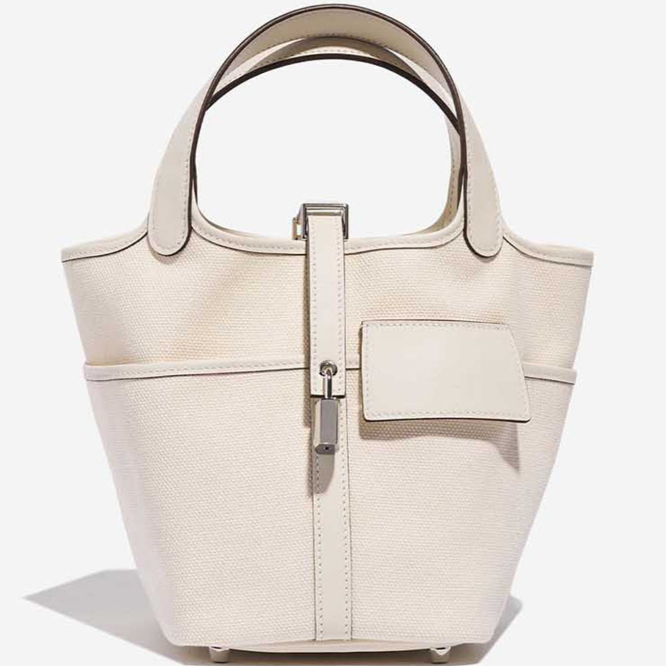 Canvas Bucket Bag with Leather Trim – Silver Lock Detail in 3 Colors