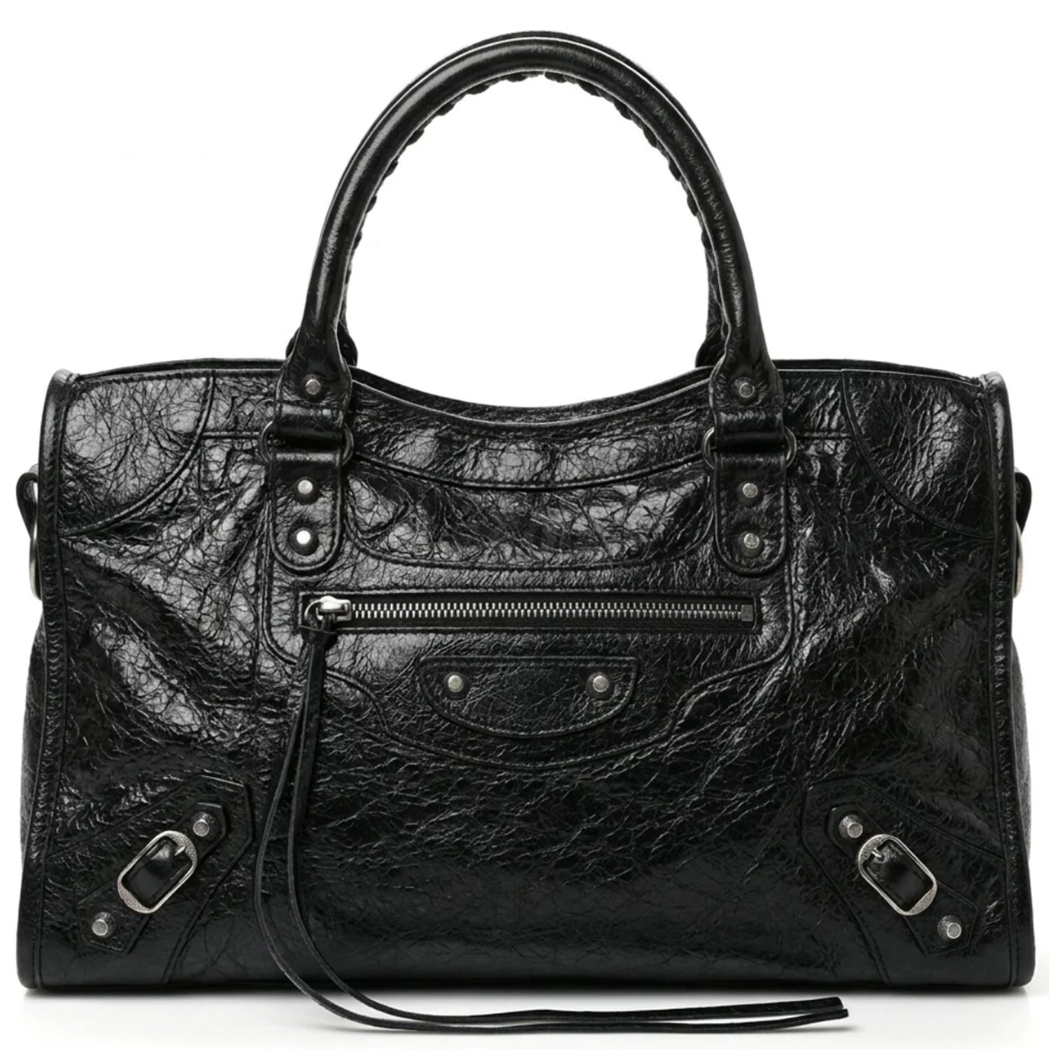 Black 42cm large City-Style Leather Shoulder Bag with Studded Moto Details