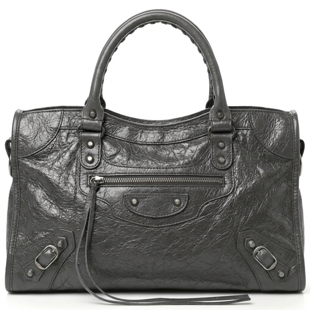 Grey Large 42cm City-Style Leather Shoulder Bag with Studded Moto Details