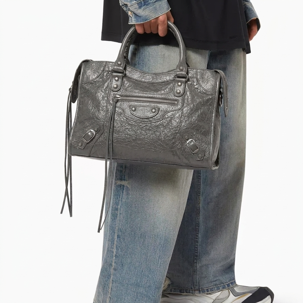 Grey Classic City-Inspired Leather Bag with model