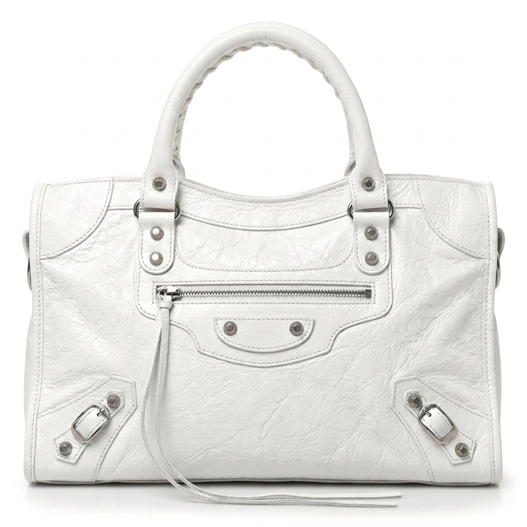 White Large 42cm City-Style Leather Shoulder Bag with Studded Moto Details