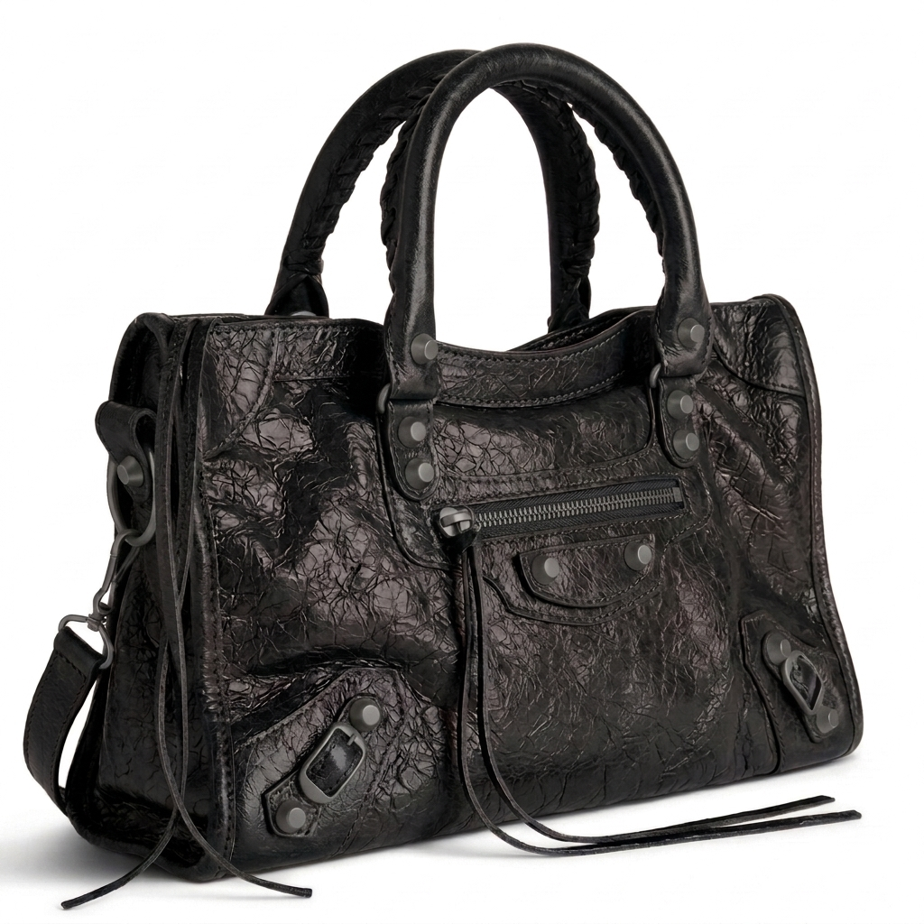 Medium city-style moto leather shoulder bag in black with stud detailing, front view