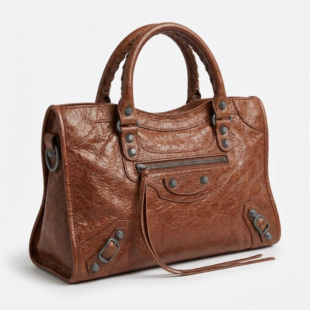 Medium city-style moto leather shoulder bag in brown with stud detailing, front view
