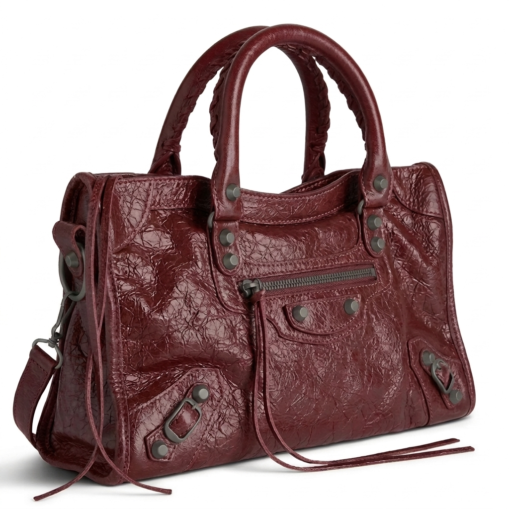 Medium city-style moto leather shoulder bag in burgundy with stud detailing, front view