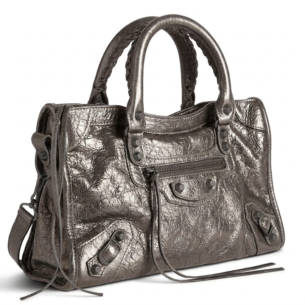 Medium city-style moto leather shoulder bag in champagne with stud detailing, front view