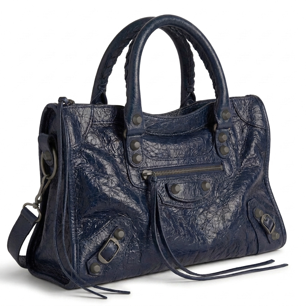 Medium city-style moto leather shoulder bag in deep blue with stud detailing, front view