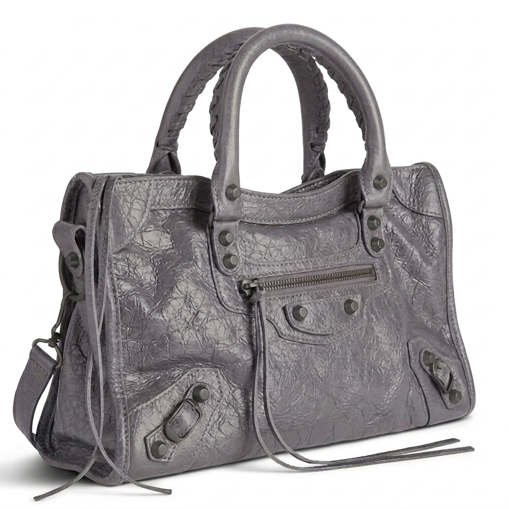 Medium city-style moto leather shoulder bag in grey with stud detailing, front view