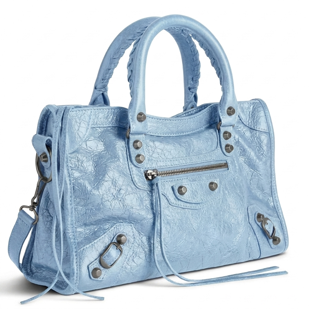 Medium city-style moto leather shoulder bag in light blue with stud detailing, front view