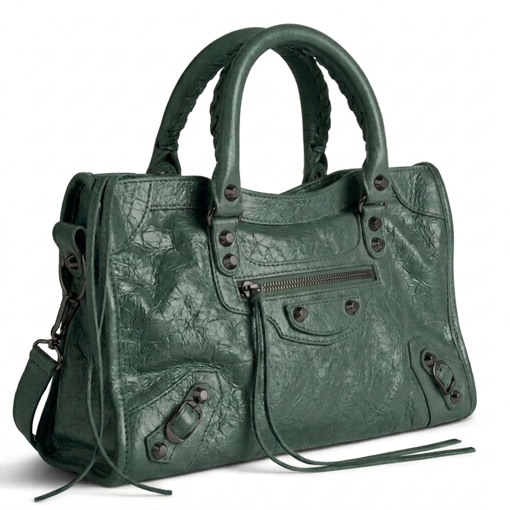 Medium city-style moto leather shoulder bag in olive with stud detailing, front view
