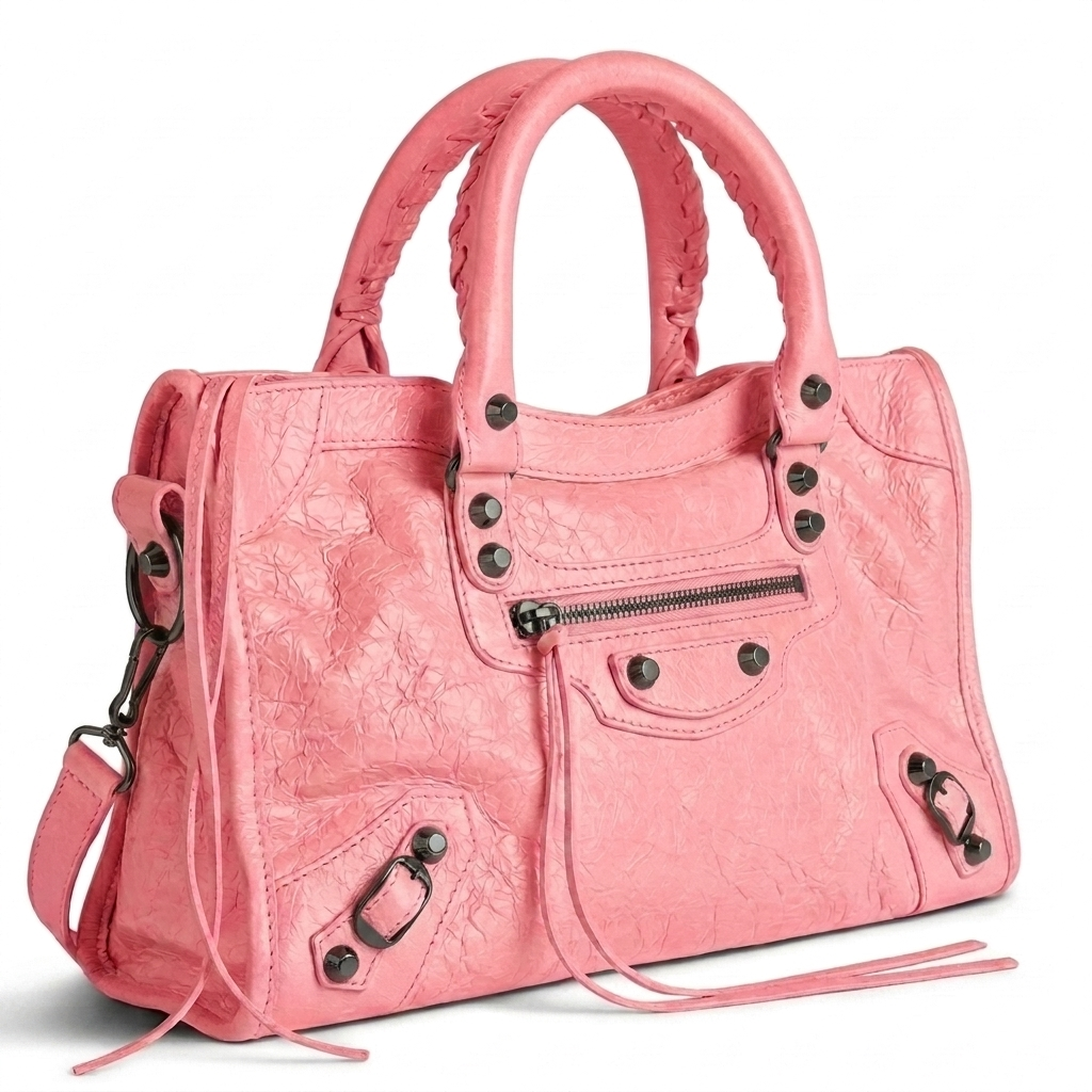 Medium city-style moto leather shoulder bag in pink with stud detailing, front view