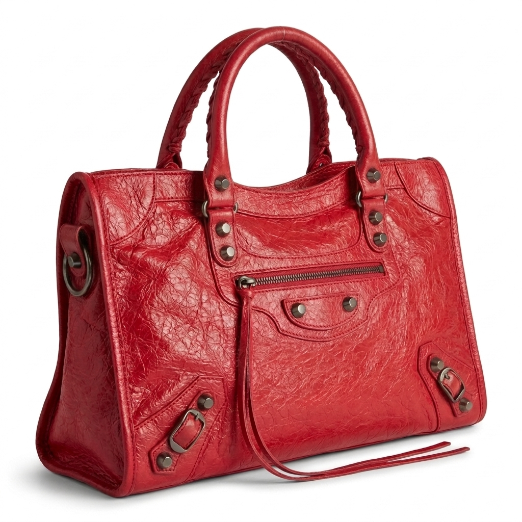 Medium city-style moto leather shoulder bag in red with stud detailing, front view