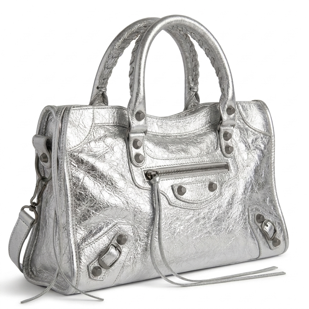 Medium city-style moto leather shoulder bag in silver with stud detailing, front view