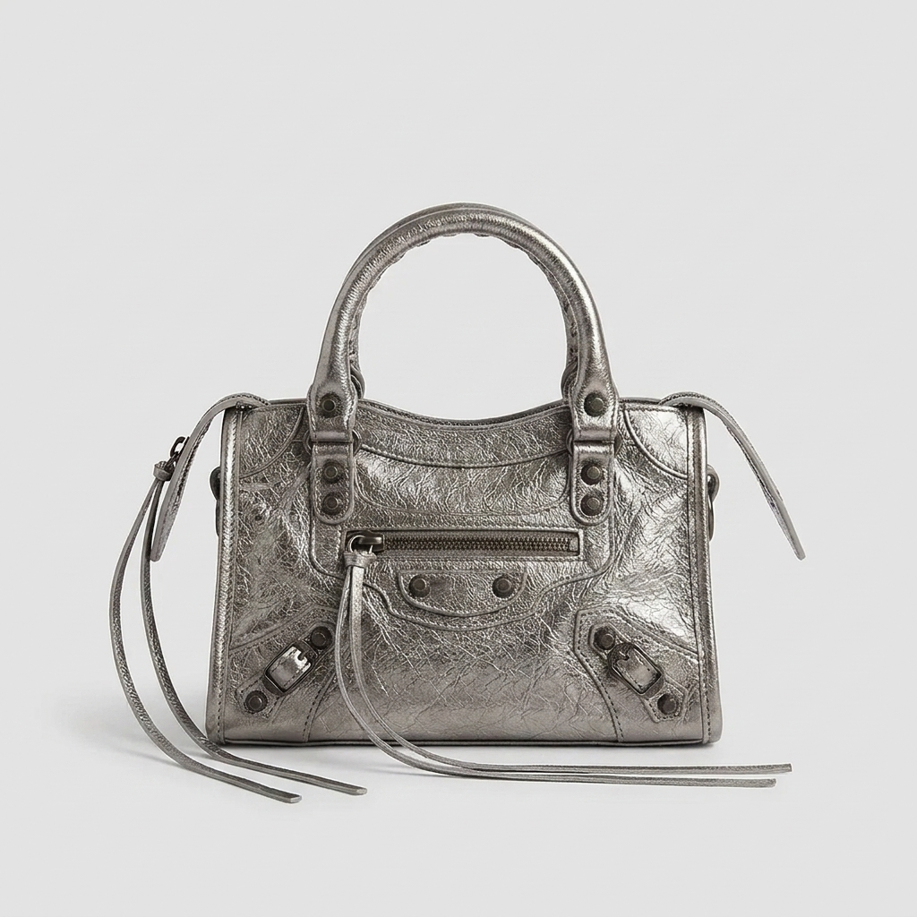 Mini City-Style Leather Shoulder Bag – Moto Detail with Top Handle & Strap