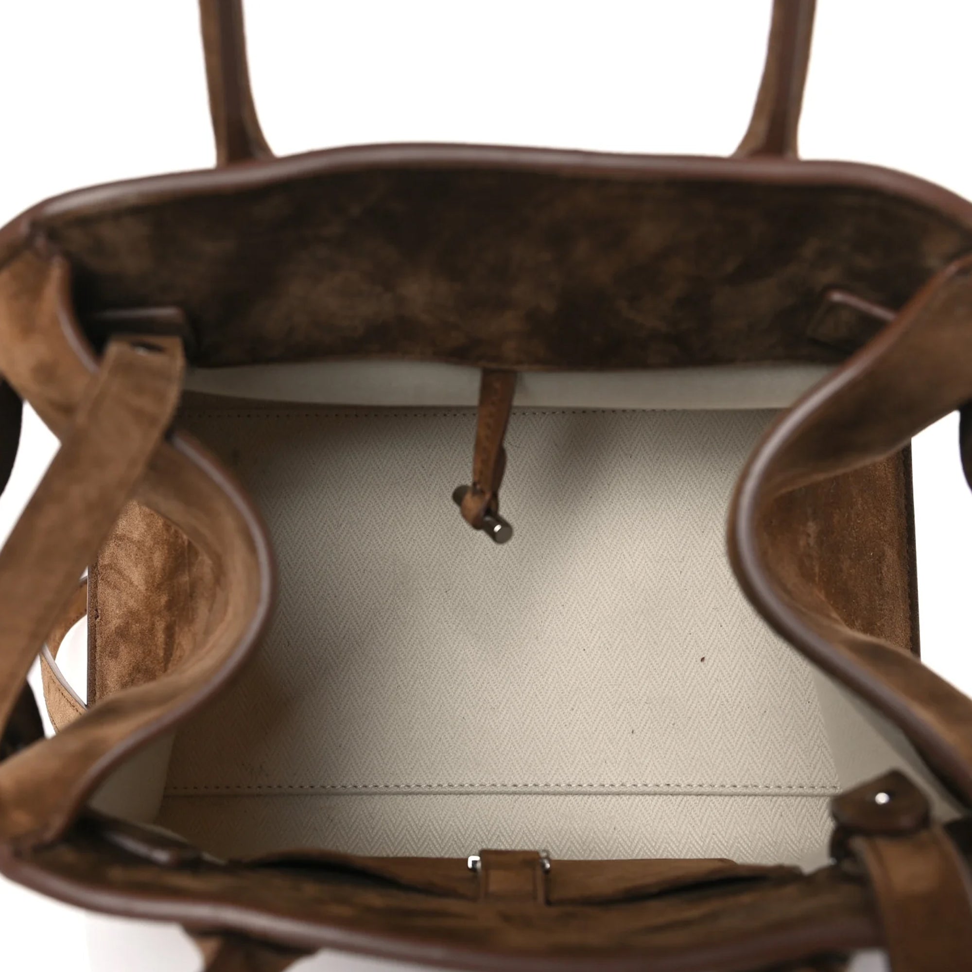 Margaux 10 style suede tote bag in Coffee Brown with belted side details.