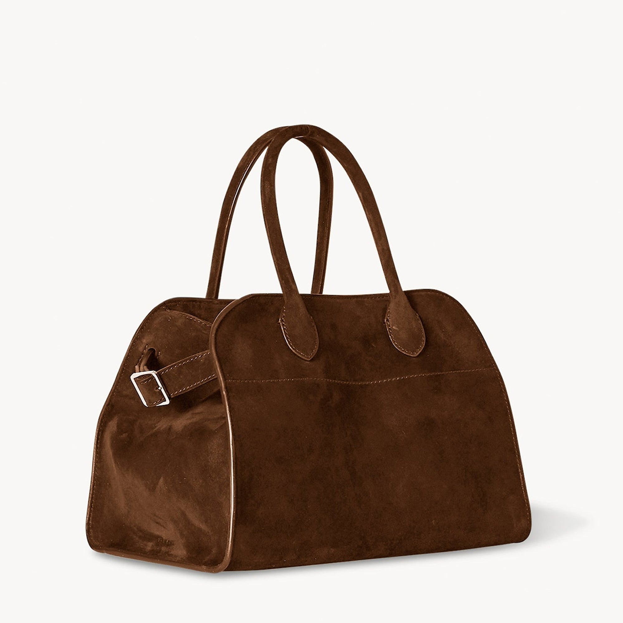 Margaux 10 style suede tote bag in Coffee Brown with belted side details.