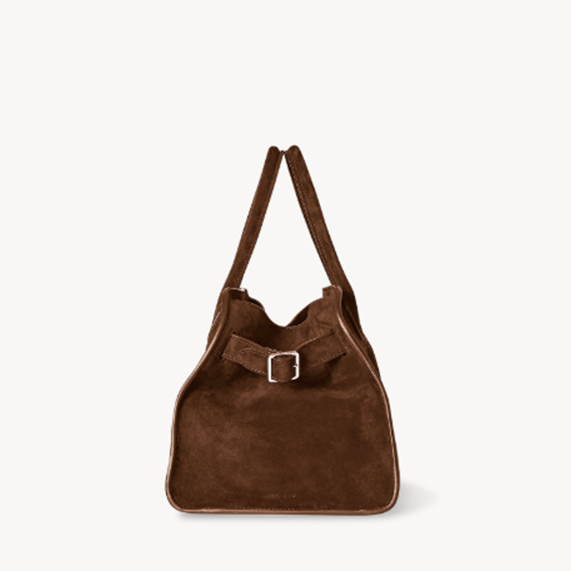 Margaux 10 style suede tote bag in Coffee Brown with belted side details.