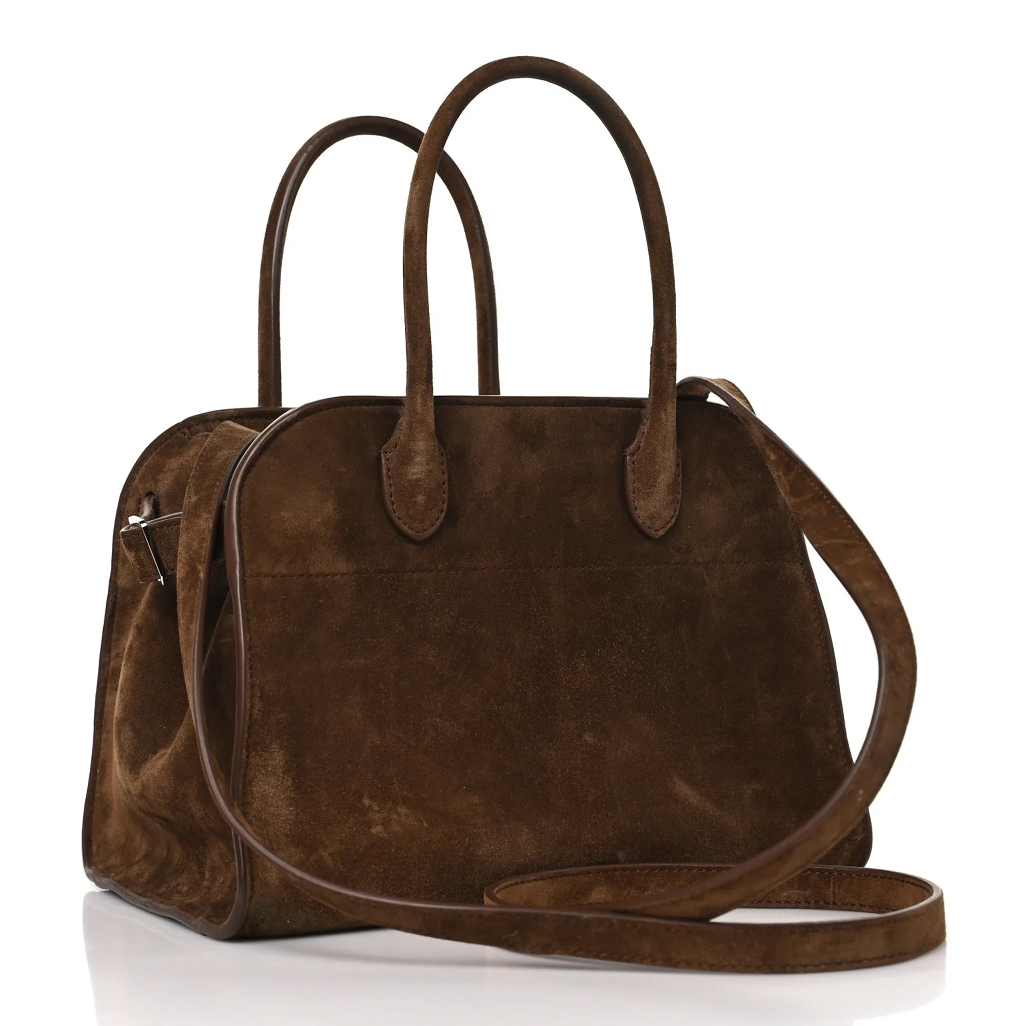 Margaux 10 style suede tote bag in Coffee Brown with belted side details.