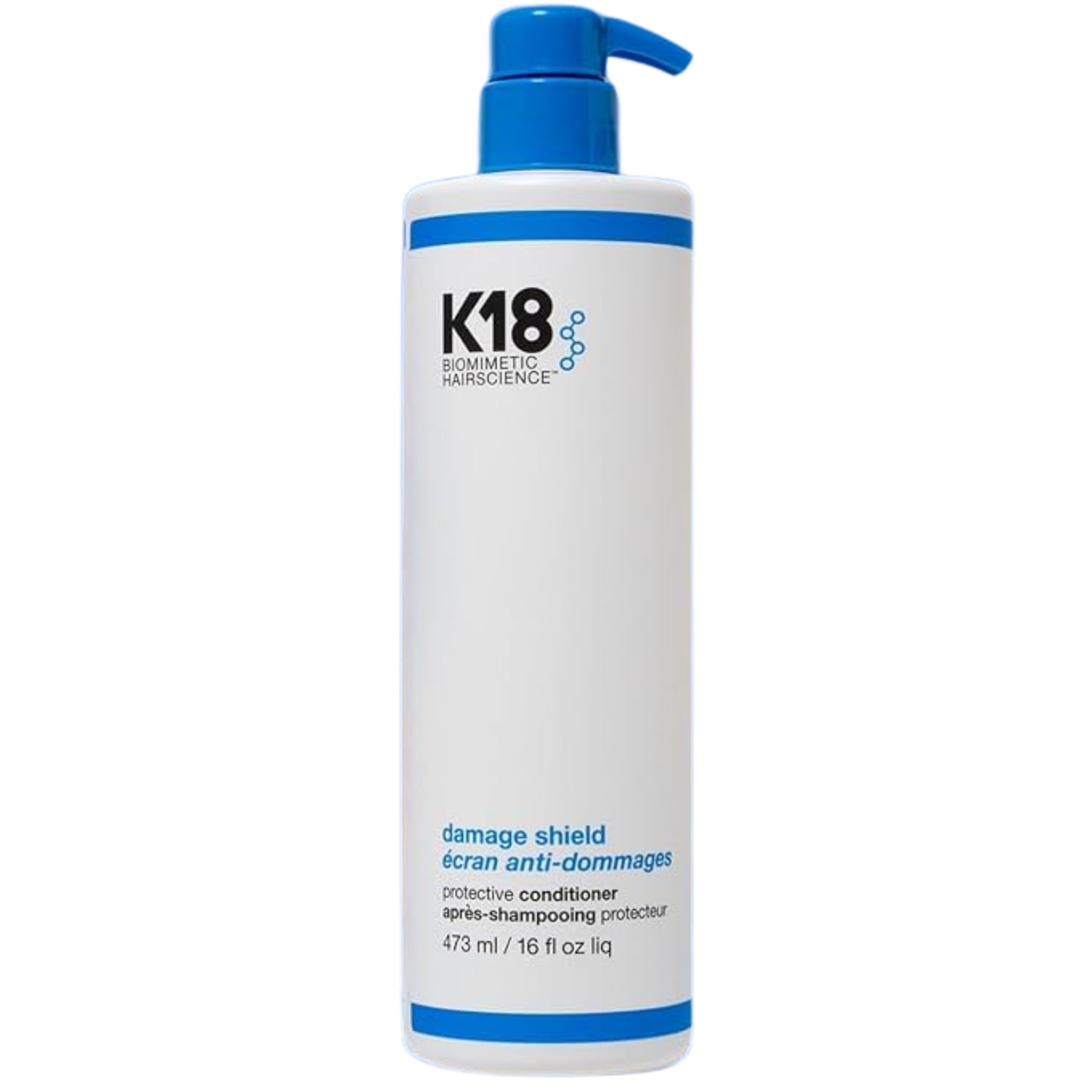 A white bottle of K18 Biomecuttic Damage Shield Protective Conditioner with a blue pump dispenser, shown against a plain white background.