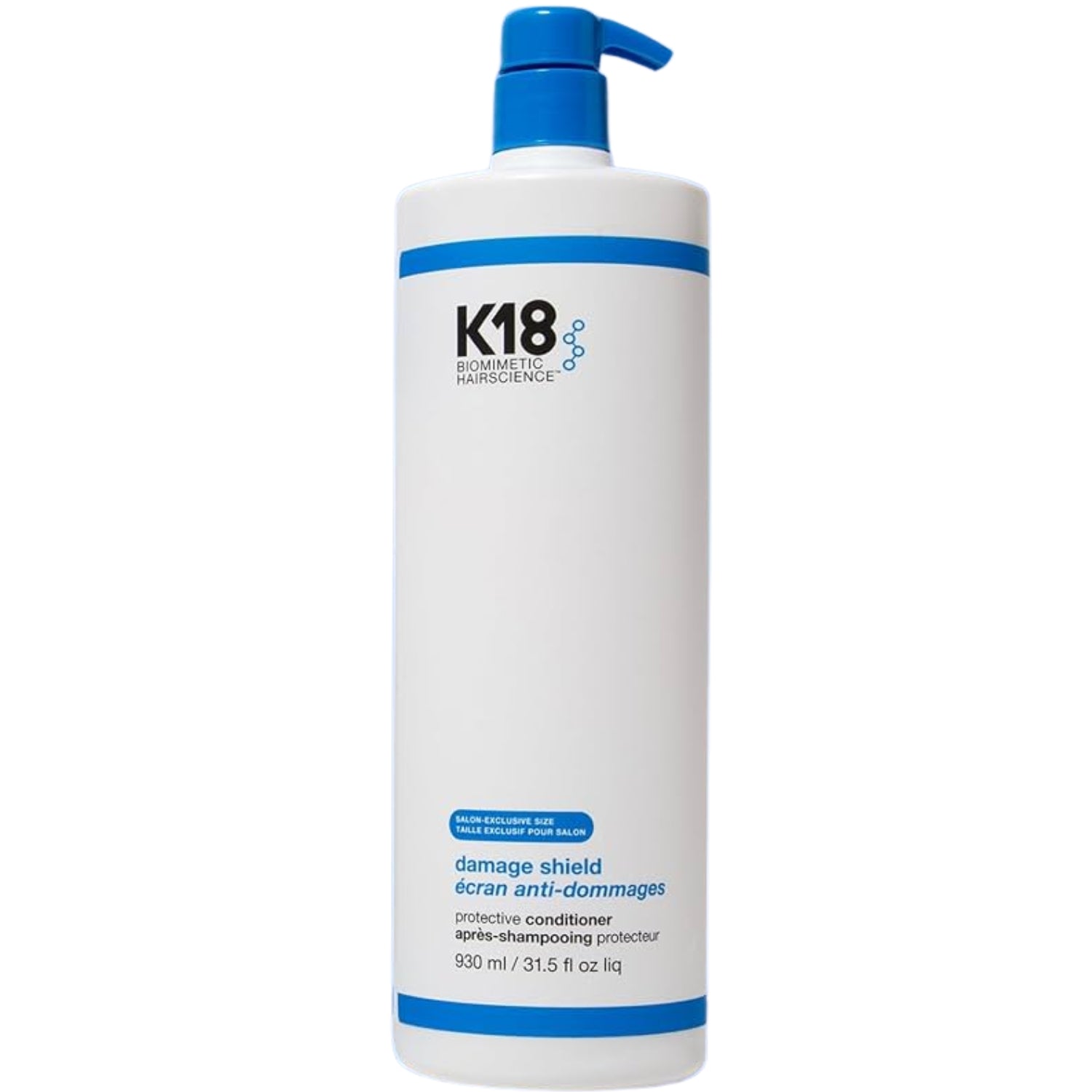 A 500 ml white bottle of K18 Damage Shield Protective Conditioner with a blue pump dispenser, shown against a plain white background.
