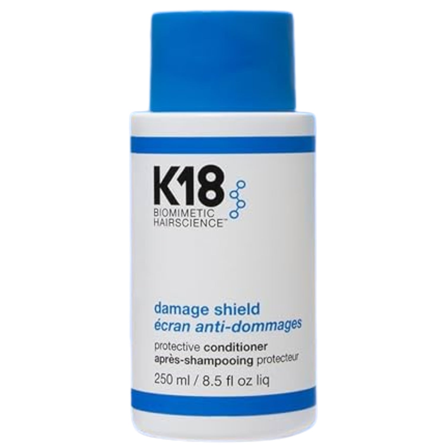 K18 Biomimetic Hairscience Damage Shield Protective Conditioner in a 250 ml white bottle with a blue cap and blue accents.