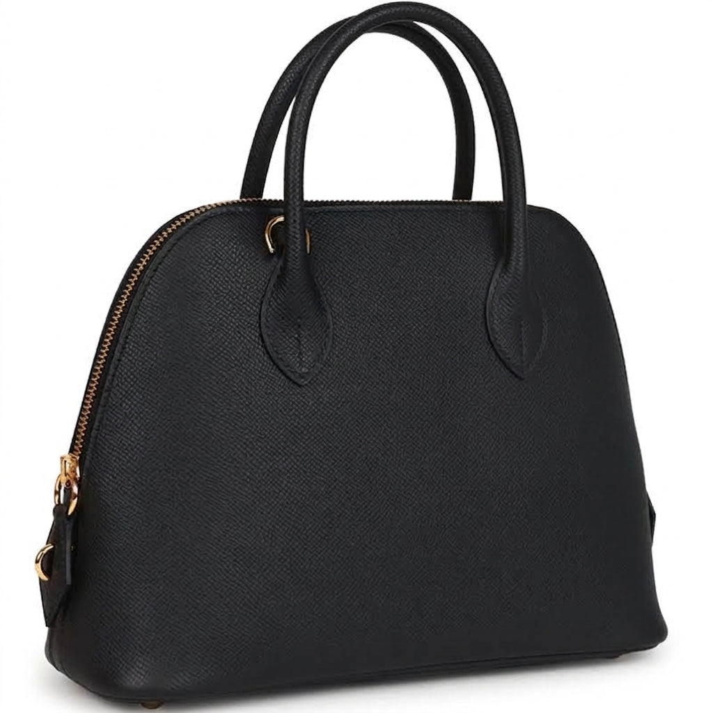 Black Structured Dome Satchel Bag with Gold Hardware and Top Handle