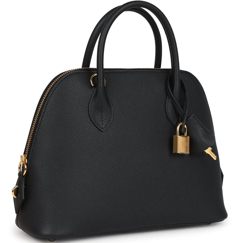 Black Structured Dome Satchel Bag with Gold Hardware and Top Handle