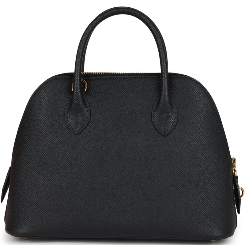 Black Structured Dome Satchel Bag with Gold Hardware and Top Handle