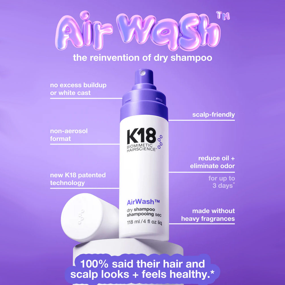 K18 Biotech Dry Shampoo 100ml non-aerosol bottle – odor + oil control for up to 3 days
