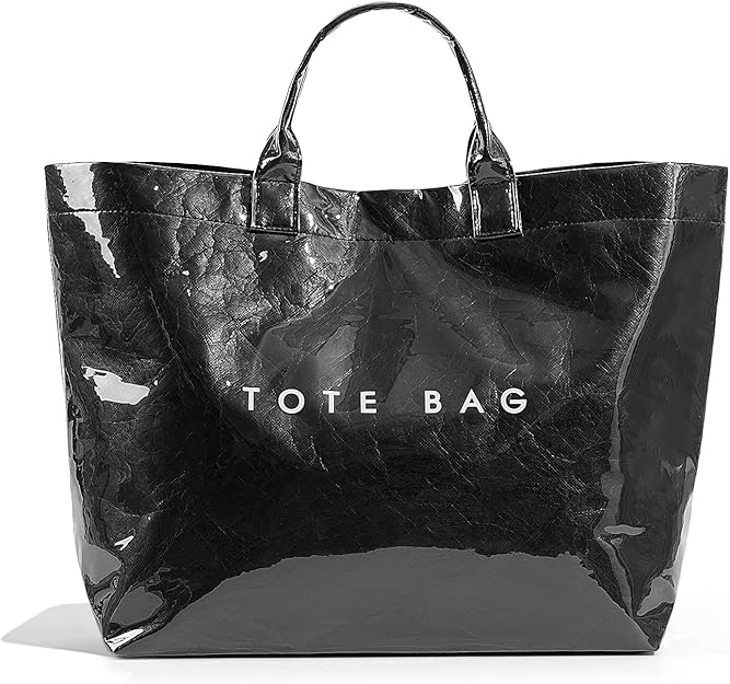 Trendy black PVC Dupont tote bag with glossy finish – viral fashion carry-all perfect for everyday style, shopping, and on-the-go looks