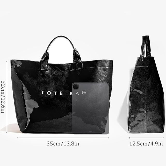 Trendy black PVC Dupont tote bag with glossy finish – viral large-capacity fashion carry-all for everyday use