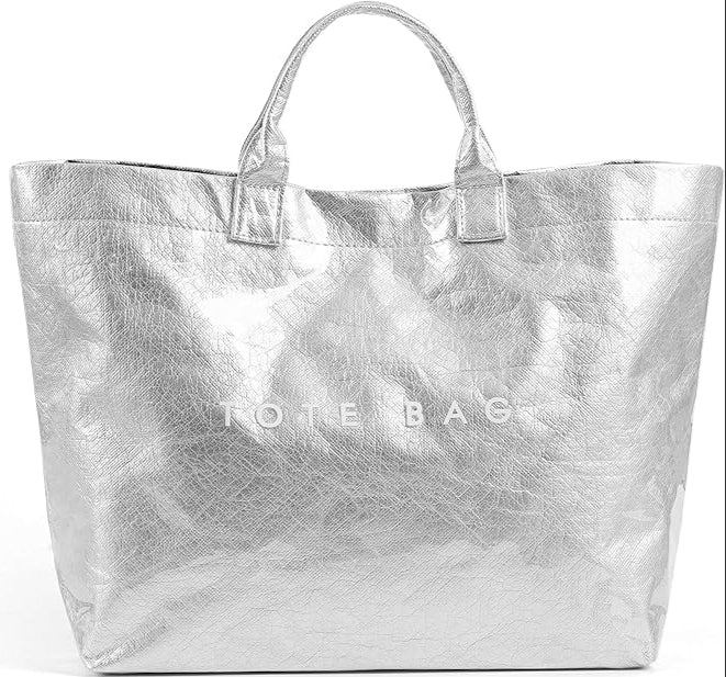 Trendy silver PVC Dupont tote bag with glossy finish – viral large-capacity fashion carry-all for everyday use, perfect to store it all in style