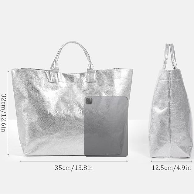 Trendy silver PVC Dupont tote bag with glossy finish – viral large-capacity fashion carry-all for everyday use