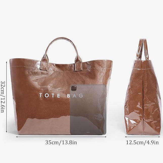 Trendy dark brown PVC Dupont tote bag with glossy finish – viral large-capacity fashion carry-all for everyday use