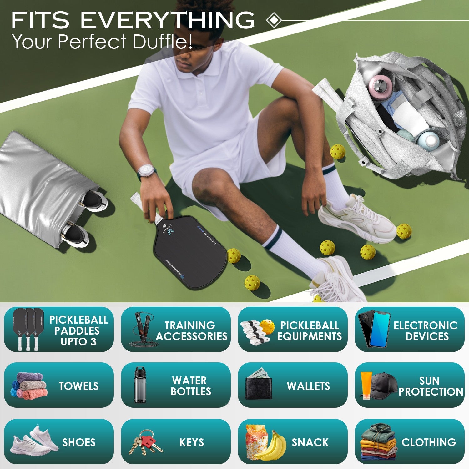 Fit everything from paddles to shoes, multi purpose neoprene pickleball duffle bag